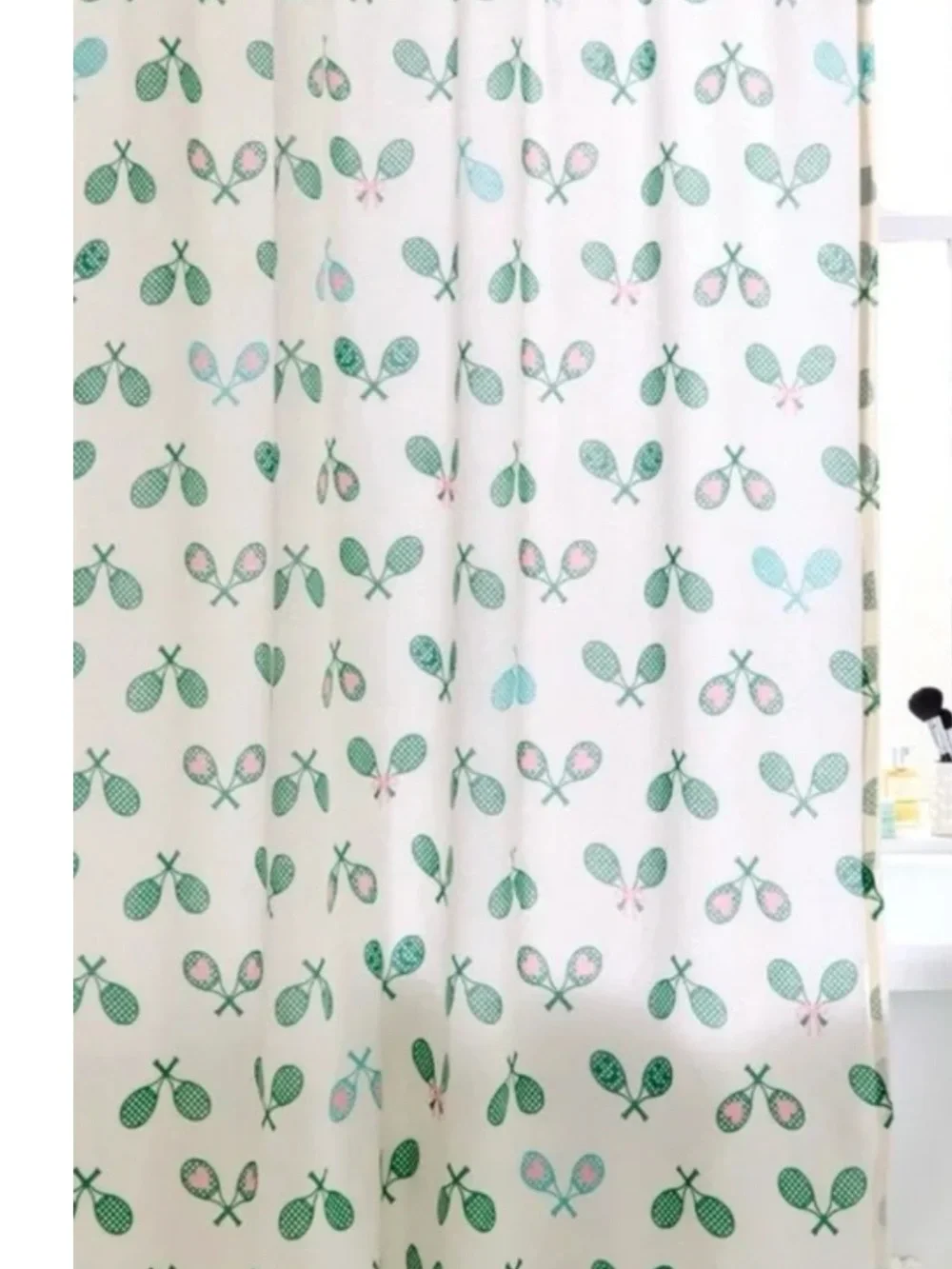 Urban Outfitters Green and Pink Tennis Racket Pattern Shower Curtain NWT